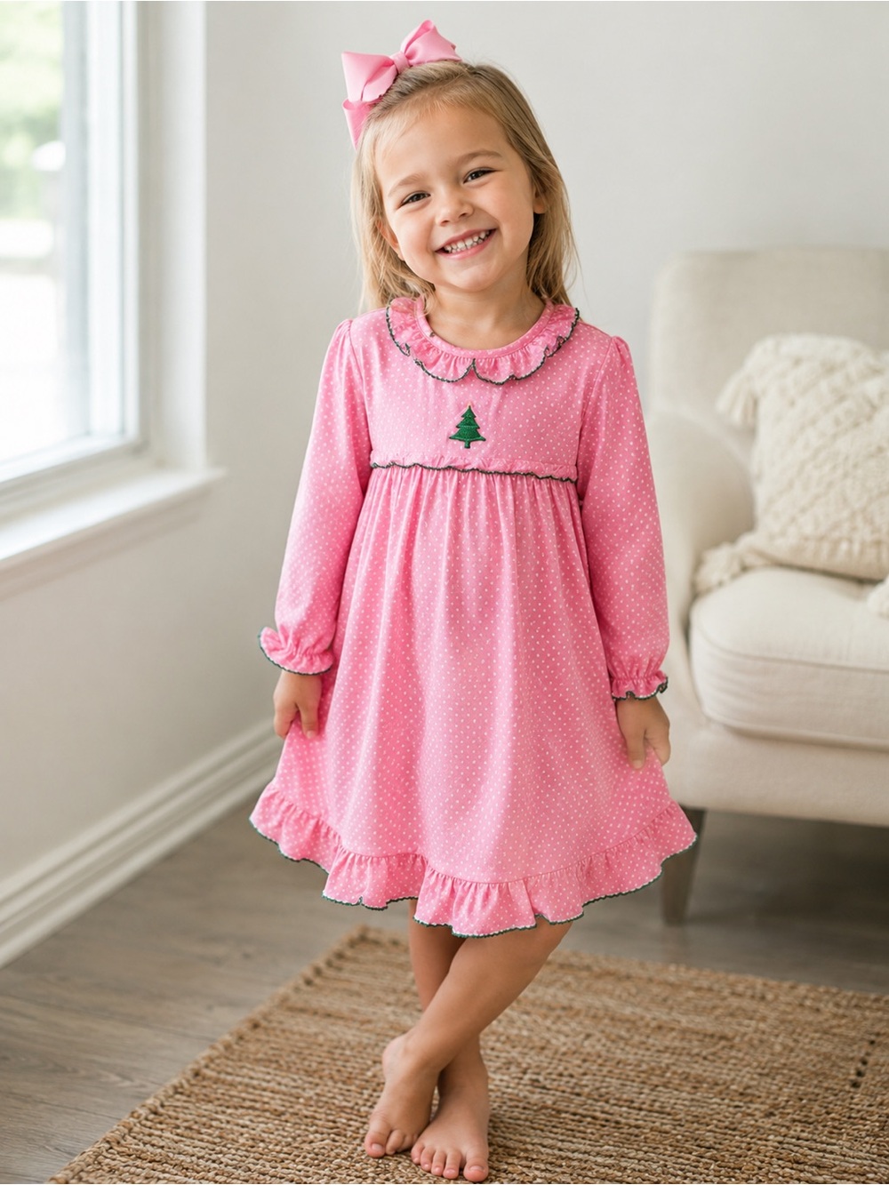 Sweet Dreams Pink Polka Dot Nightgown with Green Tree Accent